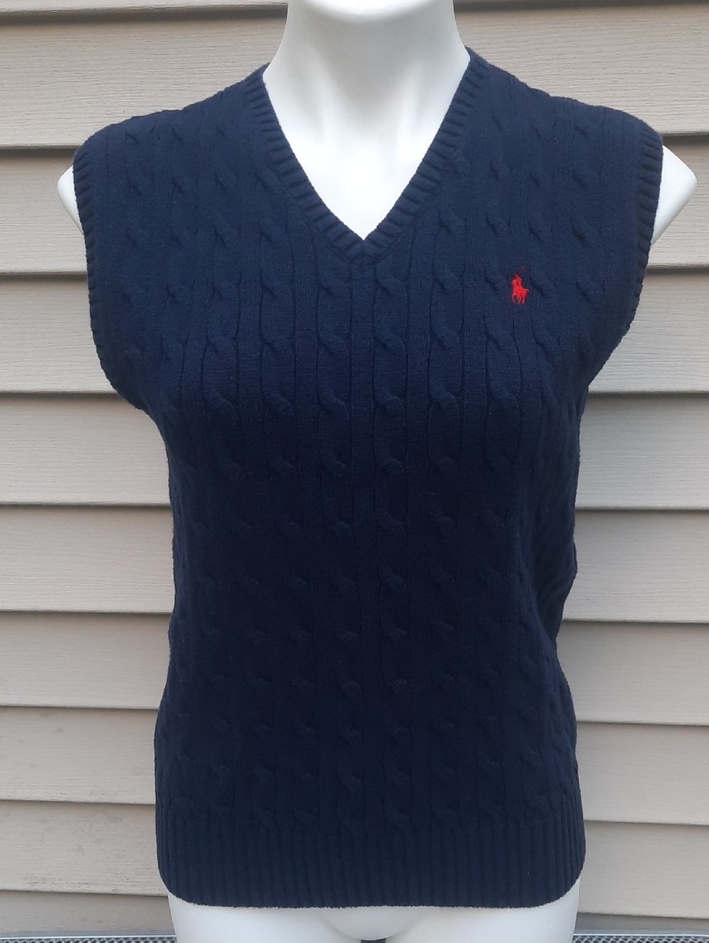 Polo V Neck Cable Knit Cotton Sweater Vest Size Large